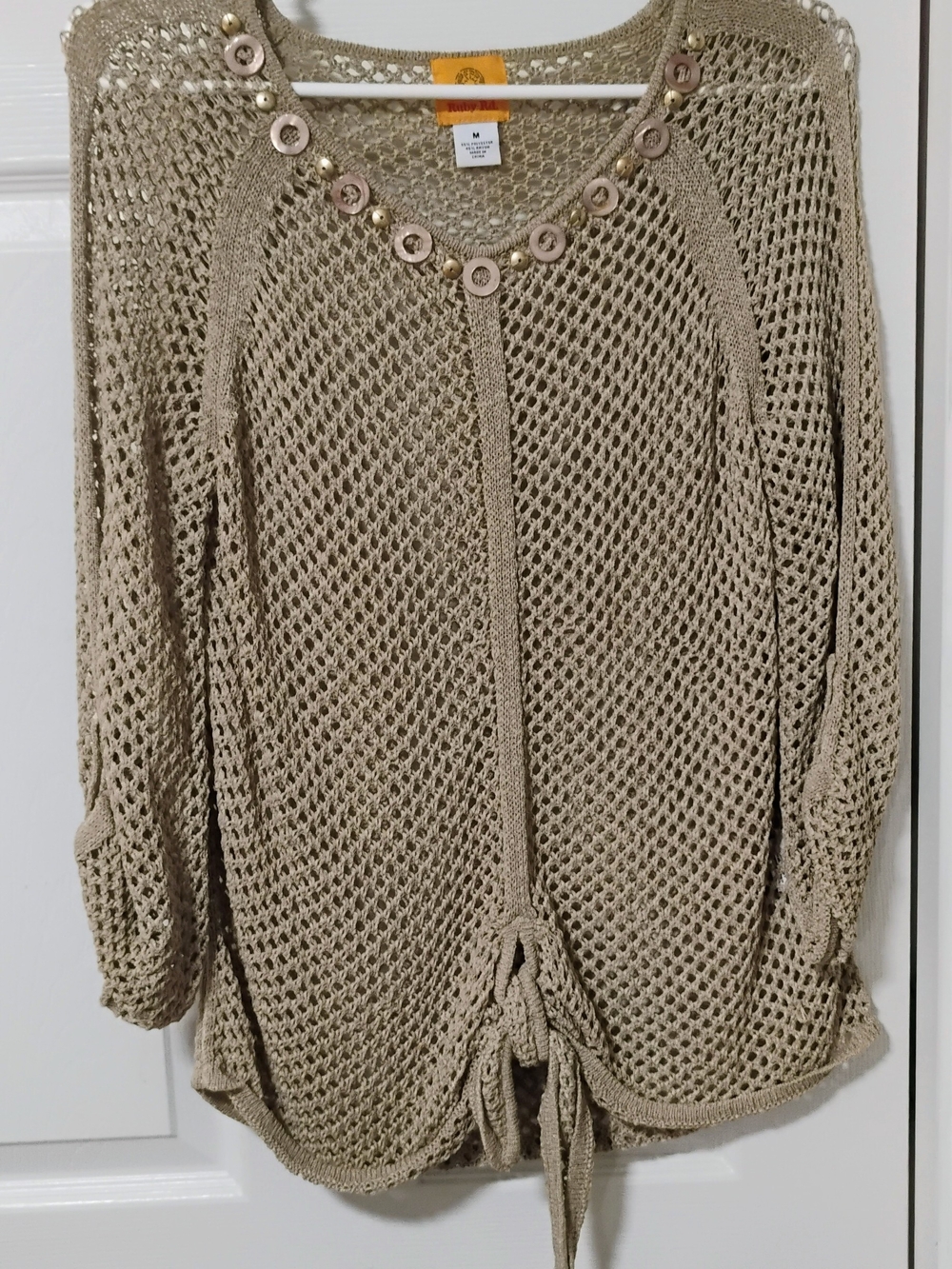 Ruby Rd. Open-Knit Scoop Neck Sweater in Light Taupe with Button Accent